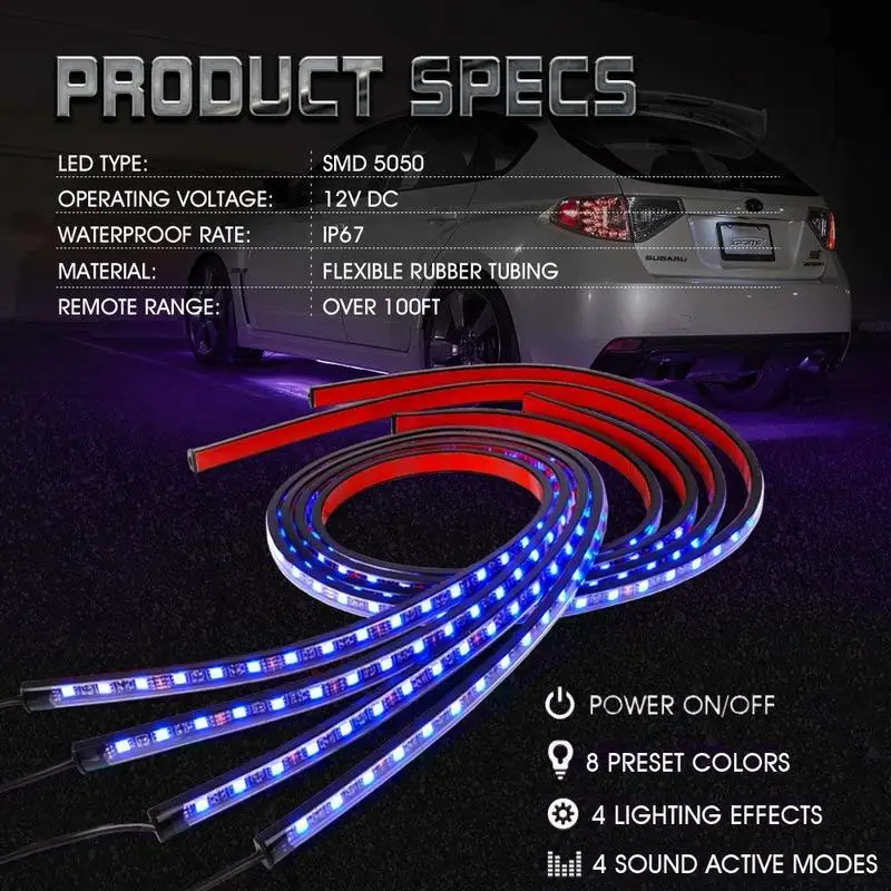 Светодиодный неоновый 4 шт. для автомобиля RGB цвета бега музыкальная