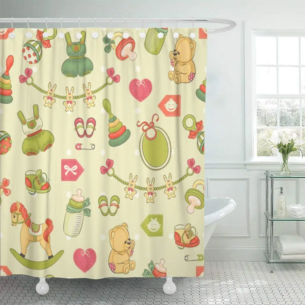 Shower Curtain with Hooks Green Arrow Baby Pattern Pink Kids Bottle Footwear Heart Horse Little Love Decorative Bathroom | Дом и сад