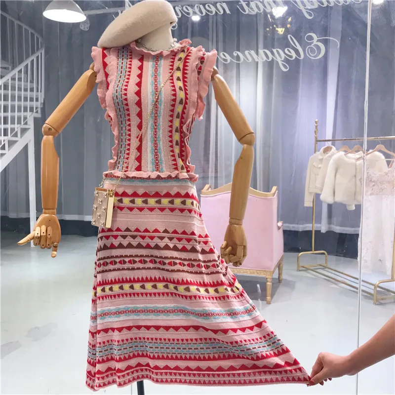 ALPHALMODA женское Полосатое Яркое летнее вязаное платье с рукавами-рюшами, пуловеры, женское Повседневное трикотажное платье с узором