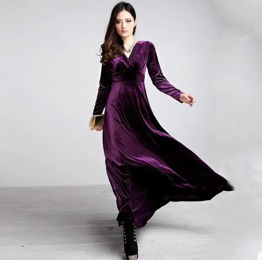 Женское бархатное платье макси с длинным рукавом и глубоким V образным