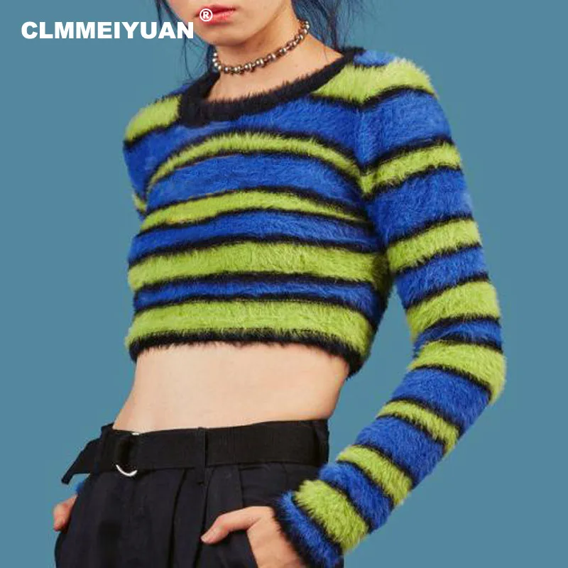 Street Fashion Vintage Furry Knitted Sweaters 2018 Autumn Winter Warm Striped Pullovers Female Long Sleeve Cropped Jumper Tops | Женская