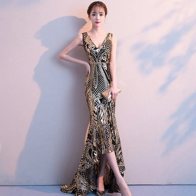 Для женщин Золотой V образным вырезом клуб торжественное мероприятие платье Vestido