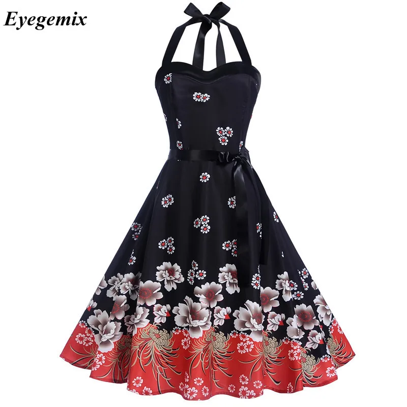 A06 Robe Femme летнее платье модное винтажное платье с цветочным принтом и лямкой на шее 50s 60s ретро женские вечерние платья в стиле рокабилли Сарафан - Цвет: A06