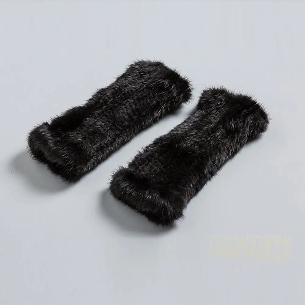 Black(20cm) Настоящие вязаные перчатки из меха норки, зимние теплые яркие цвета, модные милые длинные митенки без пальцев, перчатки 3 длины Fur Story 17821 - Цвет: Black(20cm)