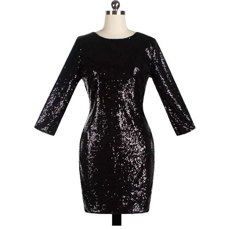 Dunayskiy Women Spring Sexy Slim 8 Colors Sequined O-Neck Dresses Female Backless Three Quarter Sleeve Shiny Mini Party Dresses