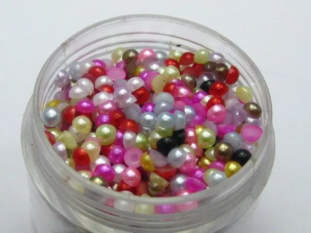 

2000 Mixed Colour Half Pearl Gems Flatback Bead 3mm Nail Art Tips +Storage Box