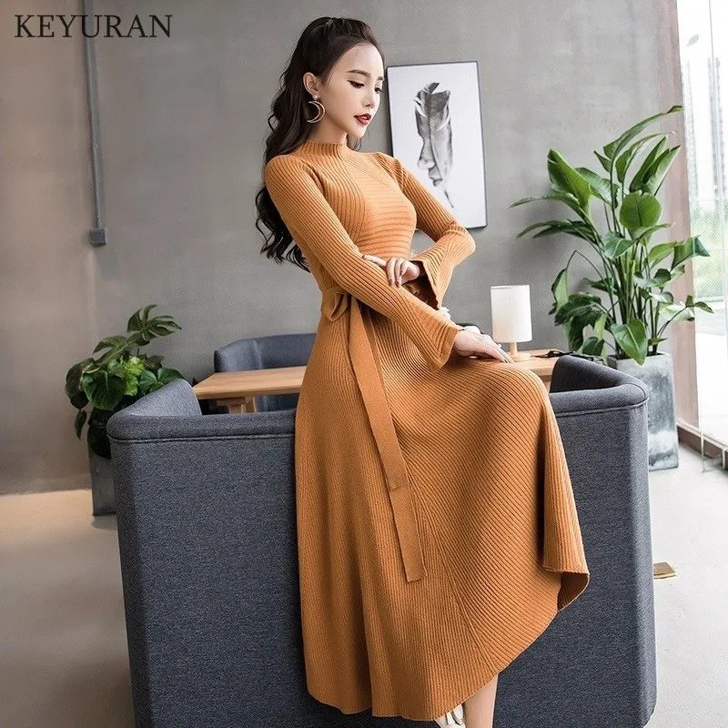 2020 Women Autumn Winter Sweater Long Dress Elegant Sweet Ruffles Sleeve Knitted Bodycon Prom Party Dresses Slim Vestidos | Женская