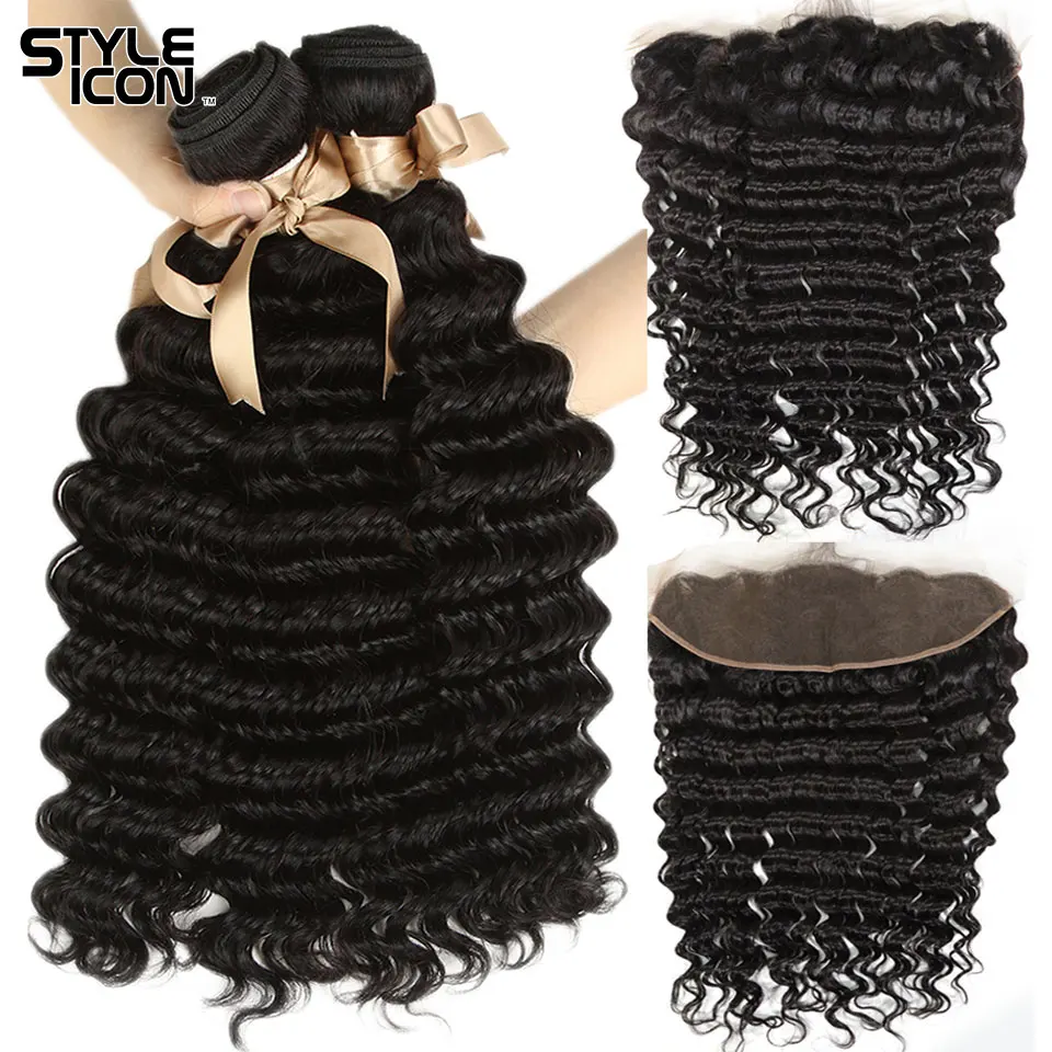STYLEICON малазийские очень кудрявые пряди с фронтальной не пучки волос Remy с фронтальной застежкой 3 пучка глубокая волна с фронтальной