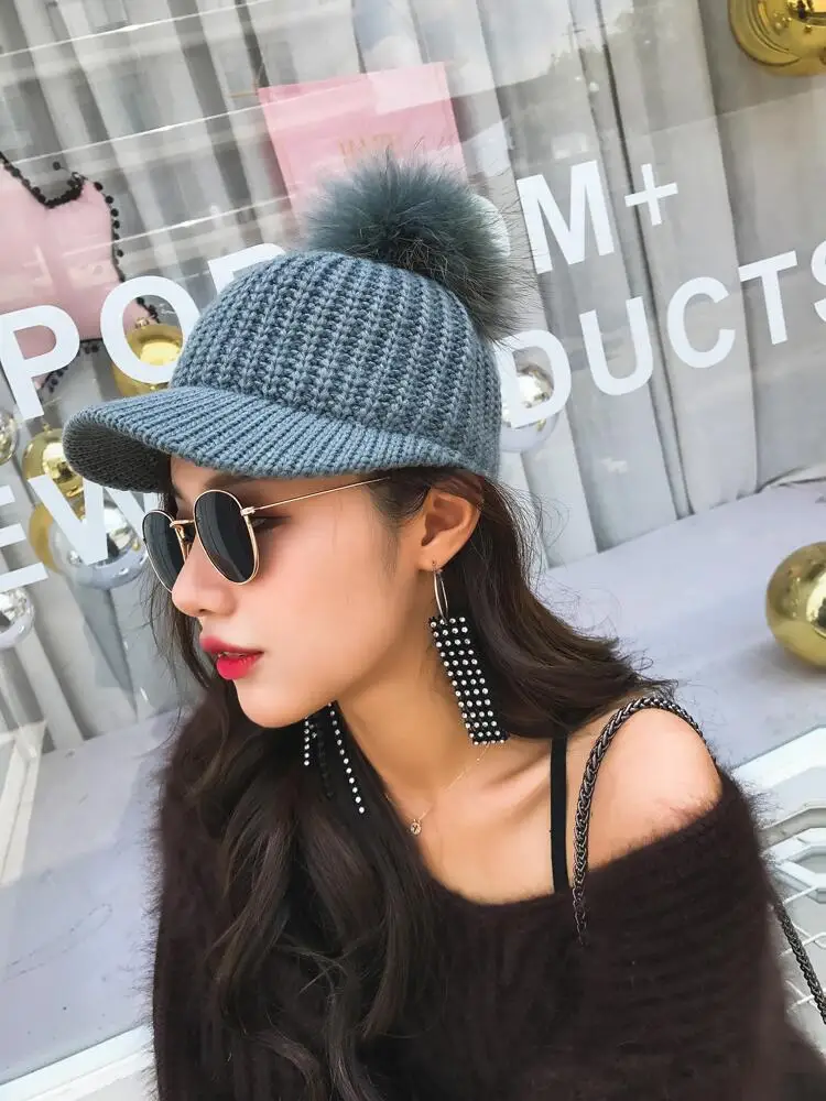 Fashion Big Hairball Baseball Caps for Women and Girl Autumn Winter Warm Knitted Hairy Hats Adjustable Wool Snapback Cap