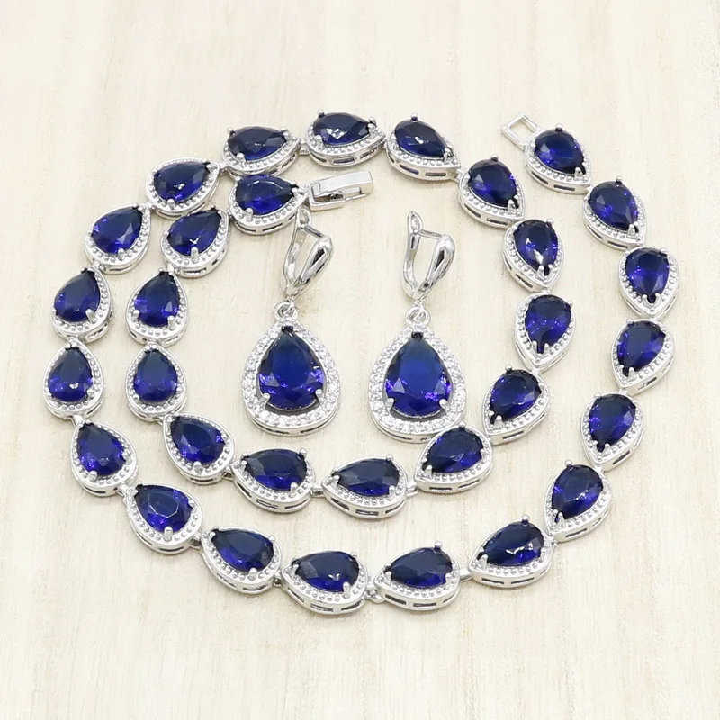 Water Drop 925 Silver Necklace Earrings Set Women Bridal Jewelry Sets Royal Blue Semi-precious Wedding Gift Box