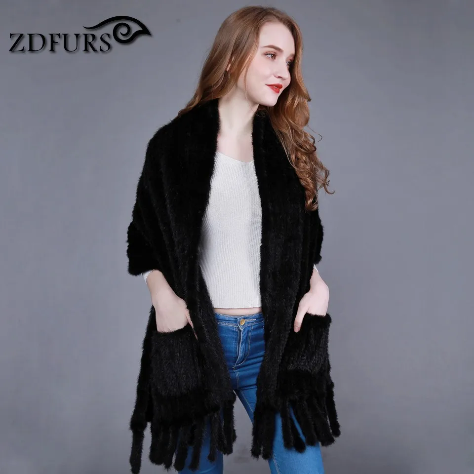 ZDFURS * Натуральная Вязаная Шаль из меха норки с карманом и бахромой норковая