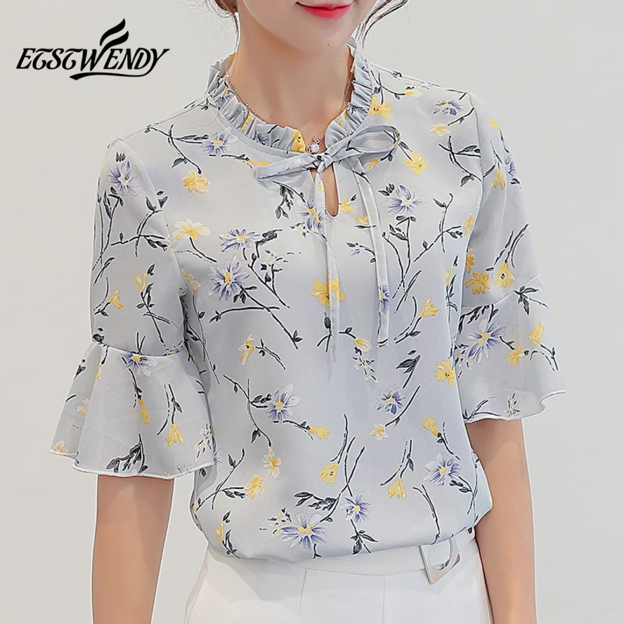 

3XL 2020 Summer Half Sleeve Women Shirt Floral Shirts Women Clothing Fashion Slim Chiffon Blouse Autumn New Elegant Ladies Tops
