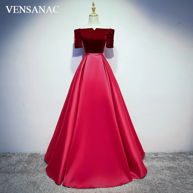 Длинные велюровые вечерние платья VENSANAC с лодочкой и коротким рукавом а-силуэта