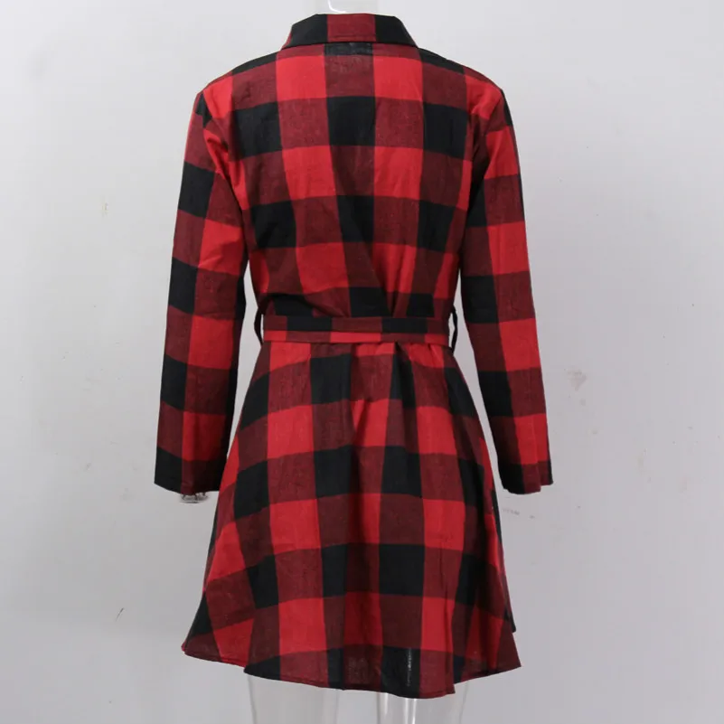 Клетчатое женское мини-платье размера плюс осеннее платье с поясом сарафан