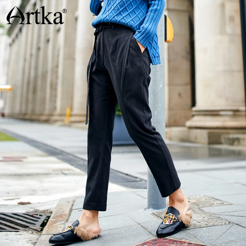 ARTKA 2018 New City Series Winter Female Pants New Zipper Decorated Loose Ankle-Length Haren Pants with Belt JK17031