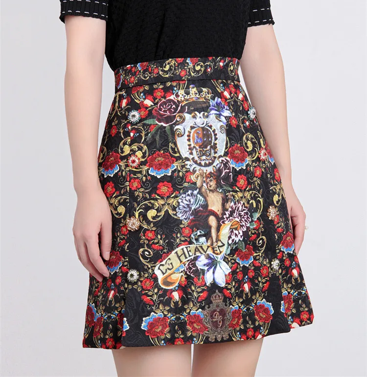 

Модная женская юбка с принтом, новинка 2018, Сицилия, цветочный принт с ангелом, алмазная Цветочная пуговица, черная универсальная юбка, корот...