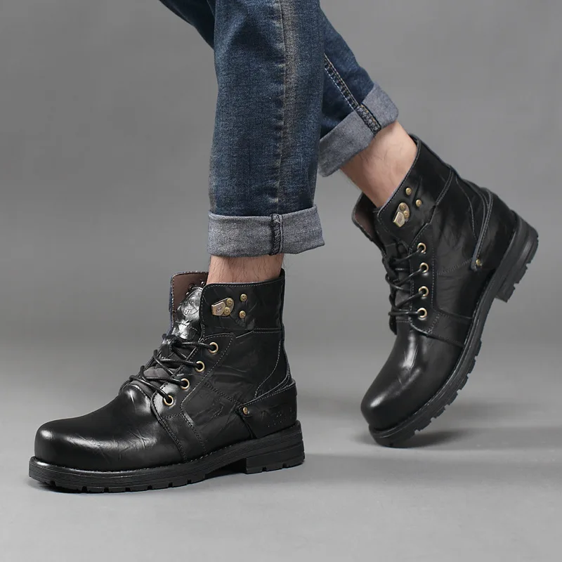 

Genuine Leather Motorcycle Boots Men Warm Winter Shoes Thick Plush for Cold Hard Outsole Men's Boots Male Brand Ankle Boats A054