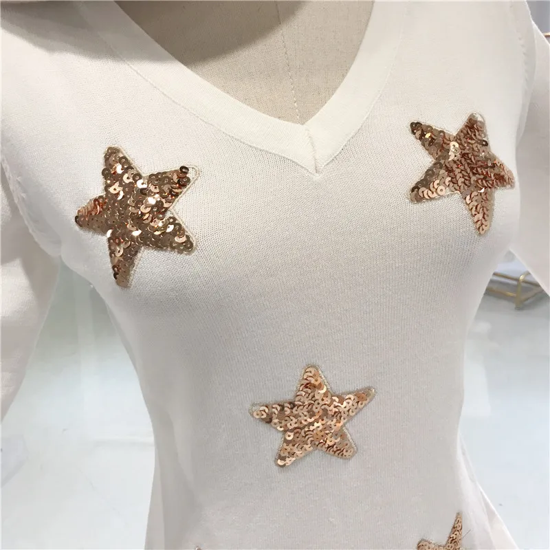 ALPHALMODA, лето-осень, женское платье с блестящими звездами, рукав до локтя, тонкое трикотажное платье с v-образным вырезом, тонкая высокая талия, Дамская мода, Vestidos