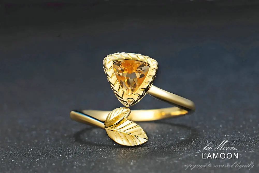 LAMOON 6 мм 2.4ct натуральный треугольник цитрин регулируемое кольцо 925 пробы серебро натуральный драгоценный камень ювелирные изделия для женщин LMRI034