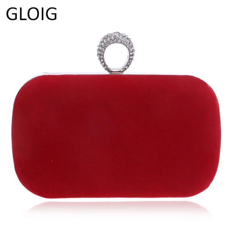 

GLOIG Finger Ring Evenign Bag Diamonds Purse Chain Shoulder Handbags Velvet Rhinestones Small Wedding Party Handbags