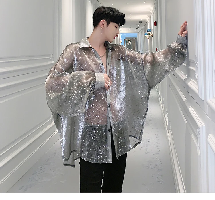 Men Bat Long Sleeve Star Transparent Oversize Loose Casual Shirts Male Streetwear Hip Hop Punk Gothic Party Night Club Shirt