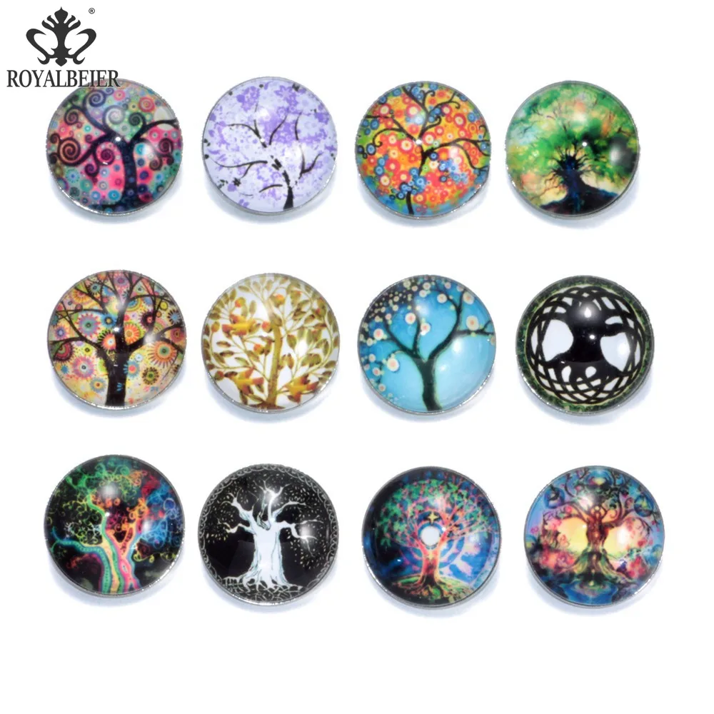 RoyalBeier Tree of Life 18mm Snap Buttons 12pcs/Lot Convex Glass Snaps Fit DIY Bracelets For Charming Unisex Jewelry Bijoux | Украшения и