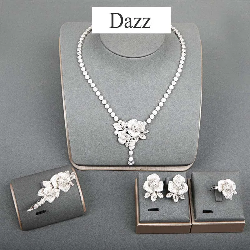 Dazz модный серебряный цвет цветок полный Циркон ожерелье серьги, кольцо, браслет Свадебный комплект ювелирных изделий женские африканские аксессуары для невесты - Окраска металла: sliver color