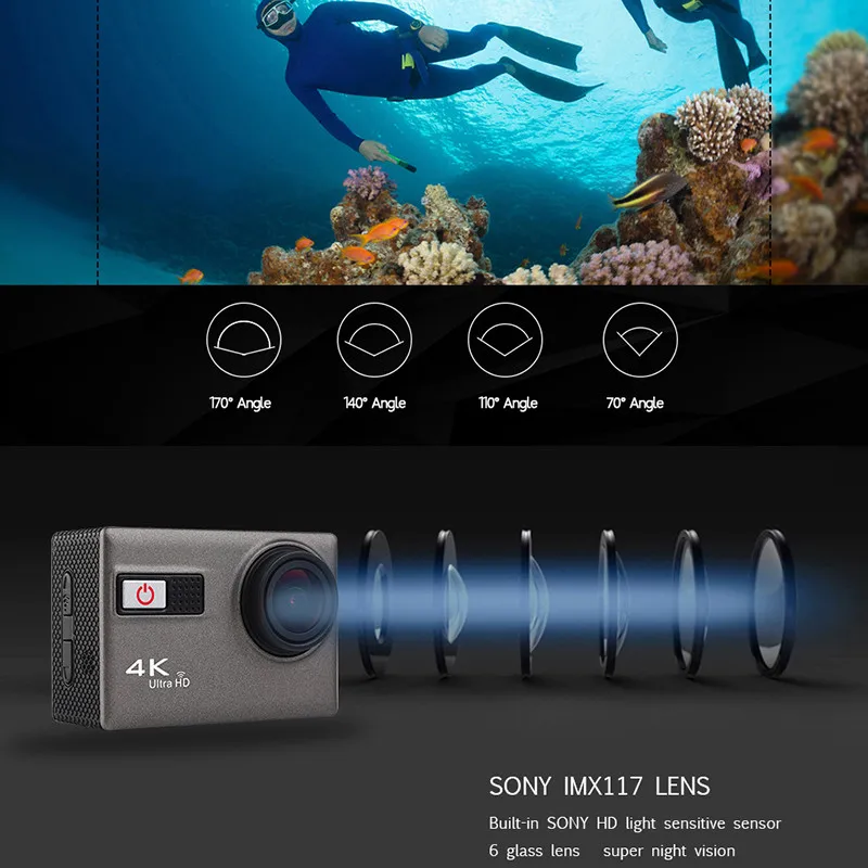 Богатая F68B Экшн-камера 4K Wifi 2," lcd Экшн-камера UHD водонепроницаемая Спортивная уличная видеокамера 12MP 170 градусов мини DV видеокамера