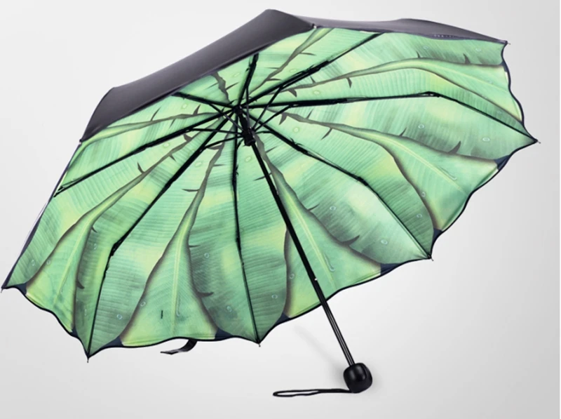 

Portable Folding Literary Fresh Banana Leaf Sun/Rain Umbrella Vinyl Printing Black UV Parasol Outdoor Windproof Bumbershoot