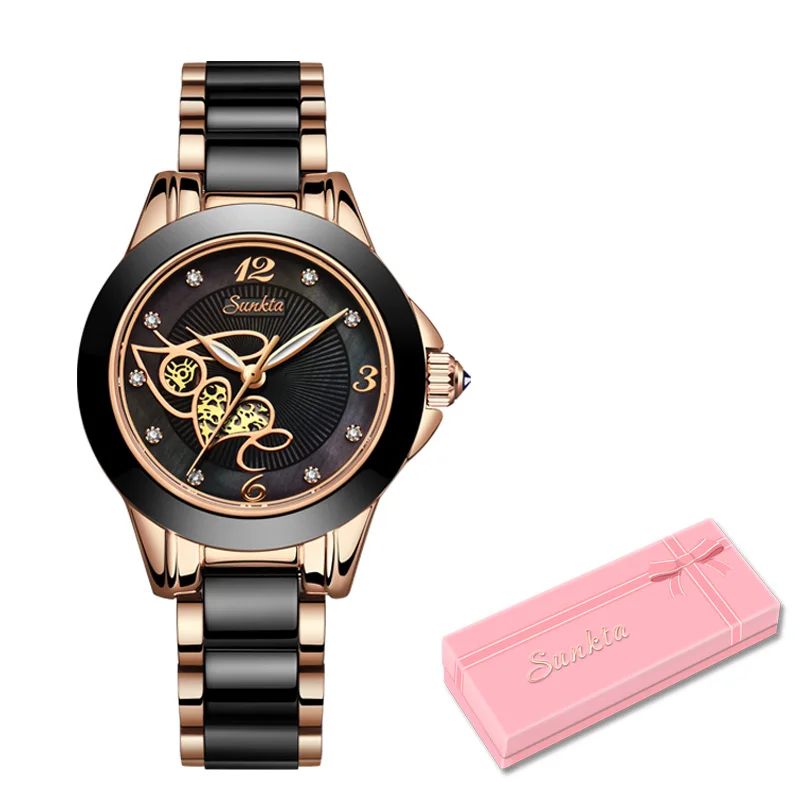 Rose gold black SUNKTA, модные женские часы, женские часы-браслет, повседневные керамические кварцевые наручные часы, водонепроницаемые часы, Relogio Feminino - Цвет: Rose gold black
