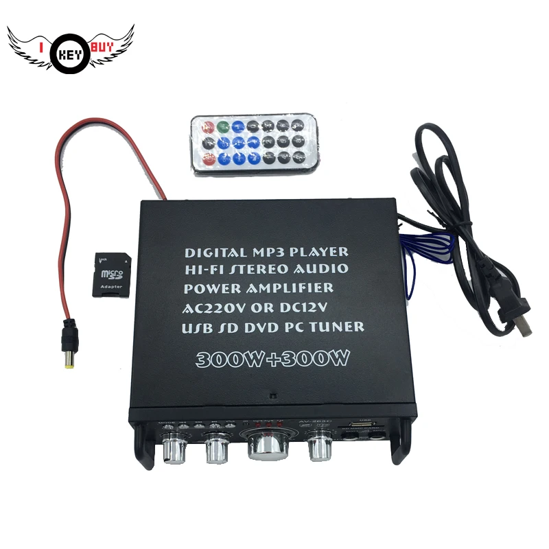 

I Key Buy 1 компл. Цифровой mp3-плеер Hifi стерео аудио усилитель мощности 300 Вт AC220V или DC12V для домашнего использования в автомобиле с пультом дистанционного управления