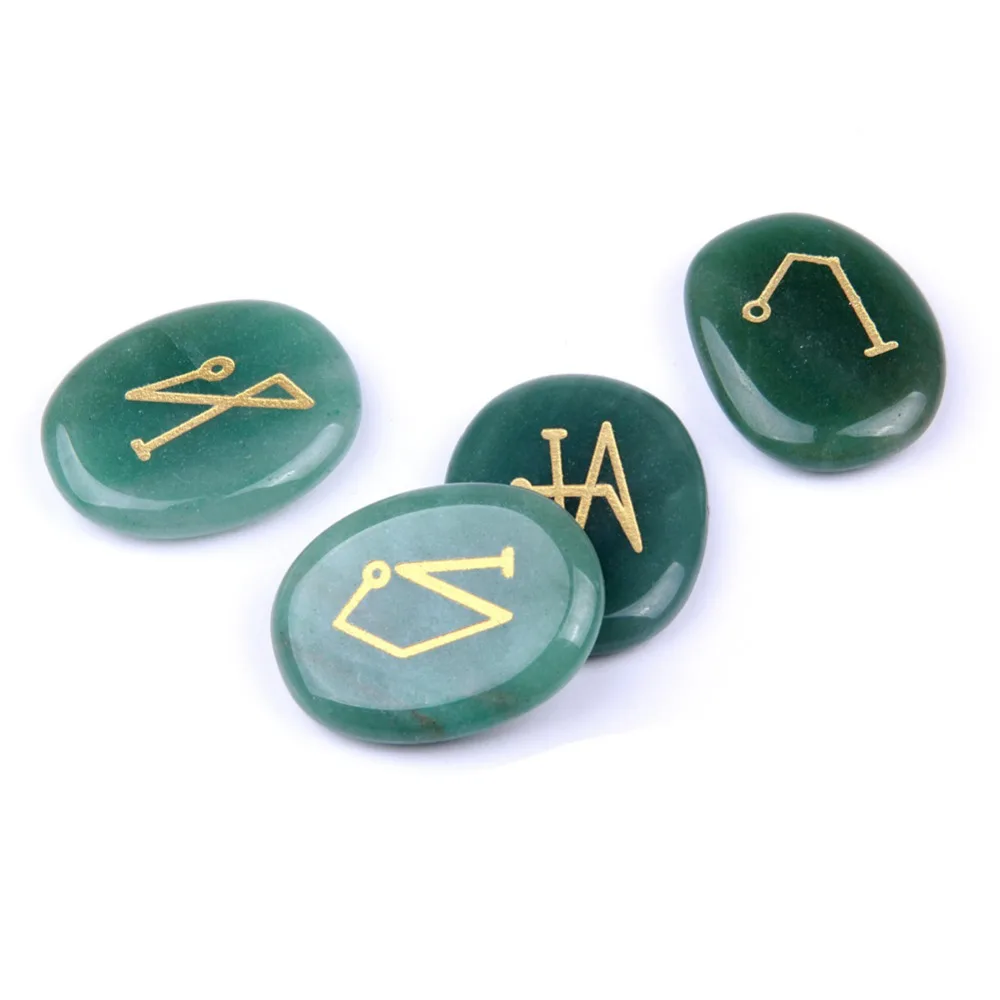 

4pcs Nartural Green Aventurine Stone Crystal Therapy Gold Engraved Archangel Symbols Set Palm Stones Reiki Healing Crystals