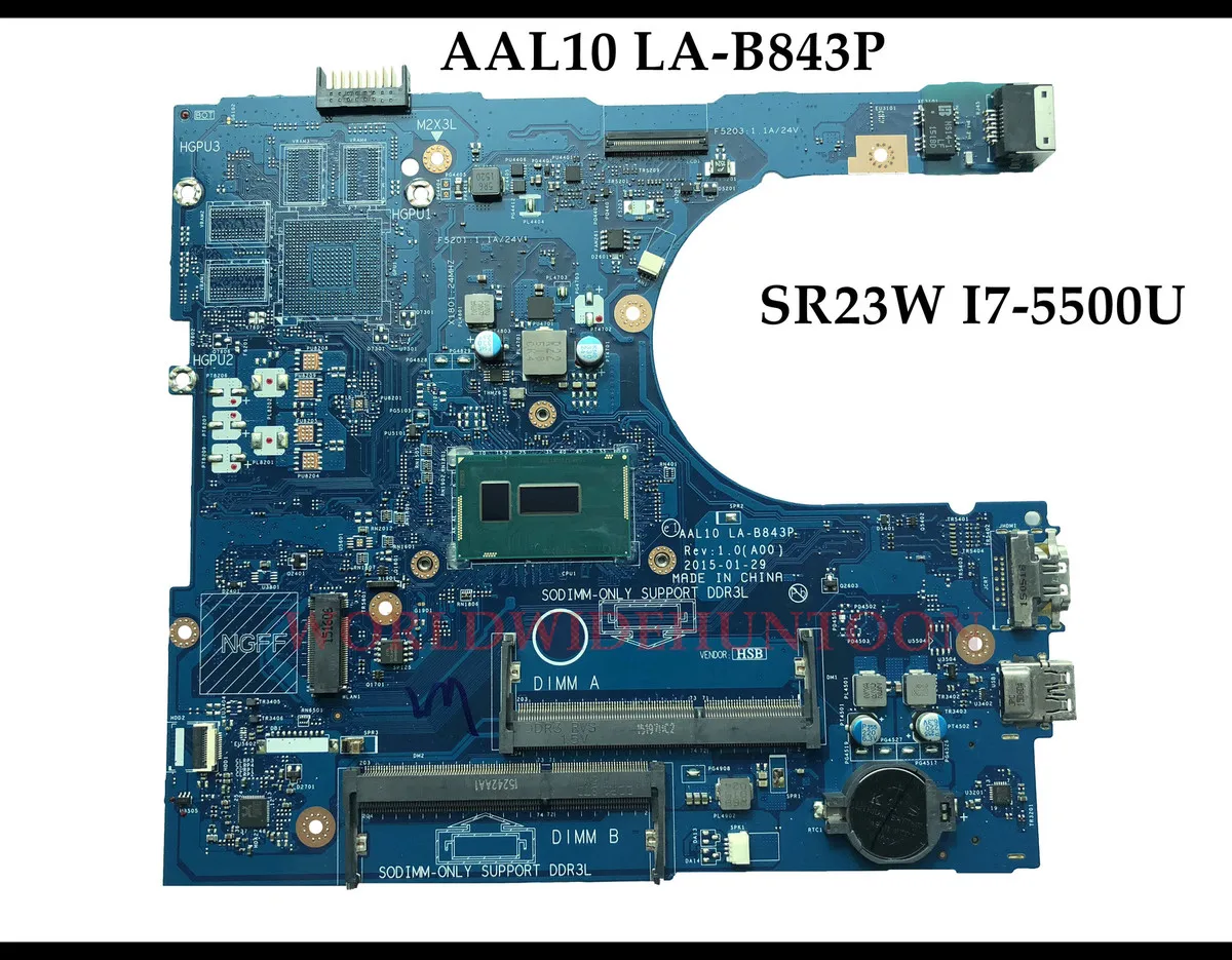 Высокое качество для RC3PN Dell Inspiron 15 5558 ноутбук материнская плата AAL10 LA-B843P CN-0RC3PN SR23W I7-5500U DDR3L полностью протестирована