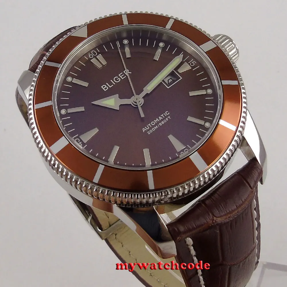 46mm Bliger Brown Dial Luminous Marks Leather Strap Date Window Automatic Mens Wrist Watch P97 | Наручные часы