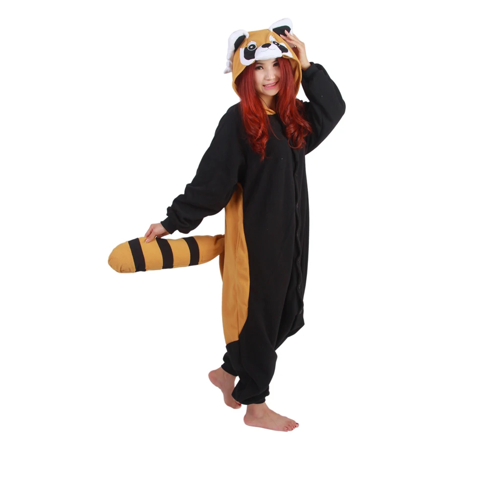 Флис Животное енот Кигуруми для взрослая Пижама Для женщин Onesie Зима пижамы