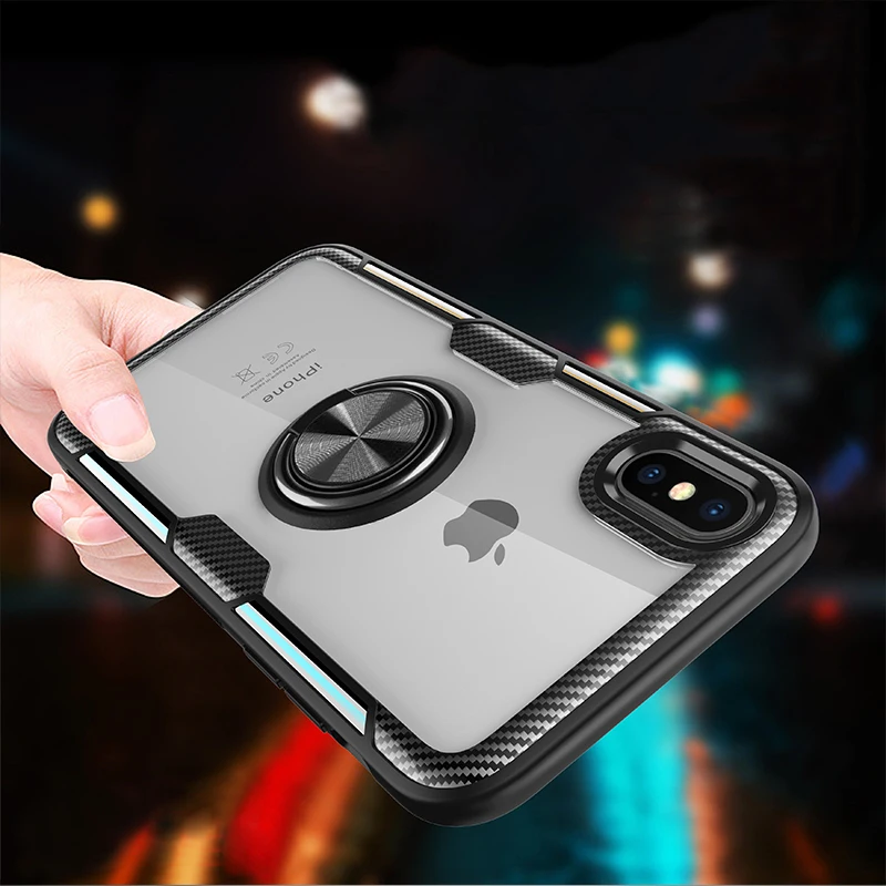 Закаленное прозрачное акриловое покрытие чехол с кольцом для пальца iPhone 7 8 6 6s Plus X