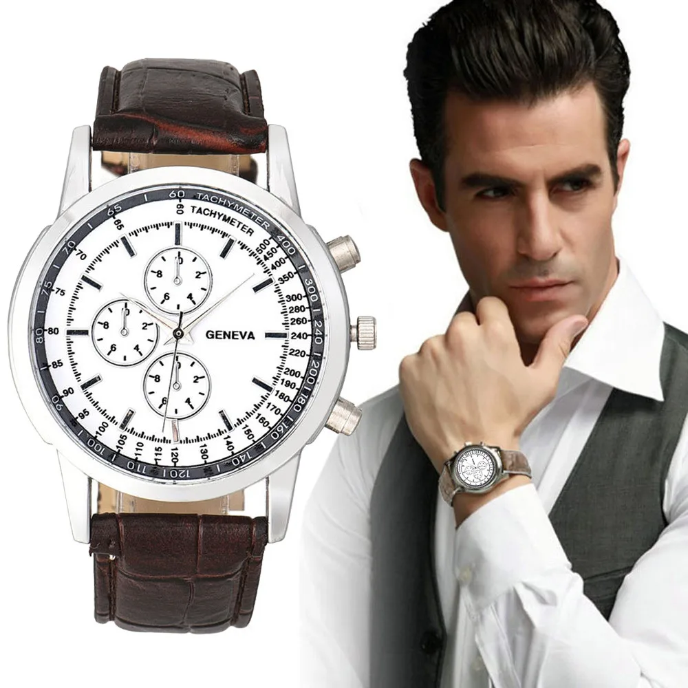 Новый Geneva мужской бизнес дизайн циферблат кожаный ремешок аналоговые кварцевые