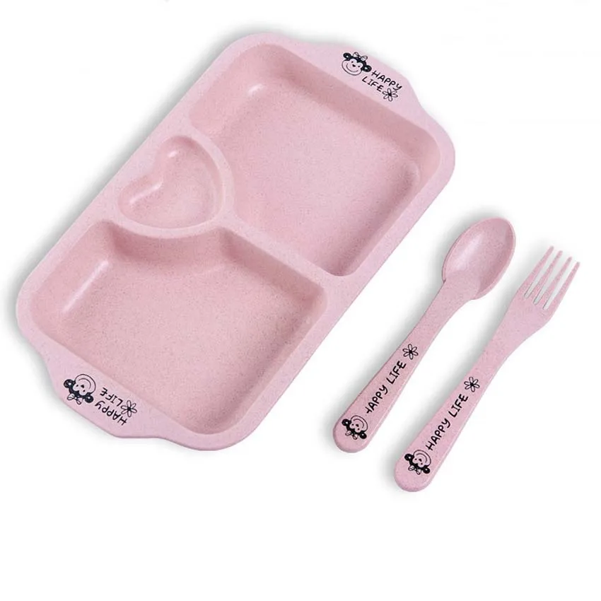 Pink Heart 3Grid Set 3 шт./компл. Набор тарелок для кормления малышей, чаша, Трубная решётка, вилки для детей, столовая посуда, бамбуковое волокно, контейнер для еды, детская посуда, BPA бесплатно - Цвет: Pink Heart 3Grid Set