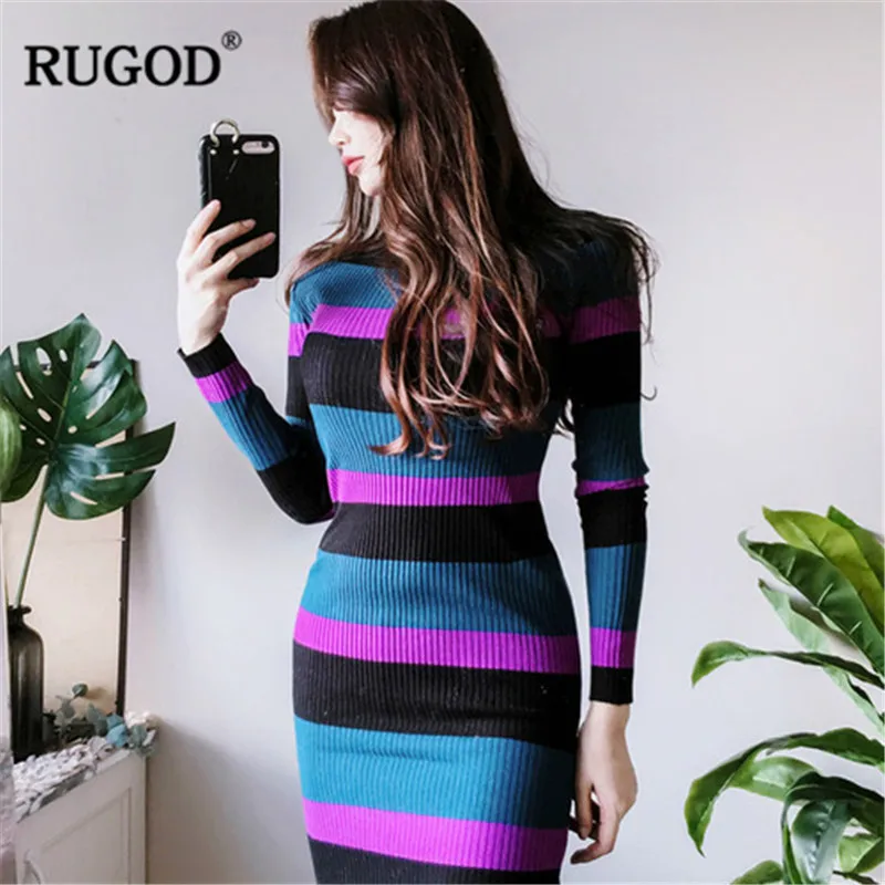 Женское платье с длинным рукавом RUGOD теплое зимнее средней длины в полоску vestidos