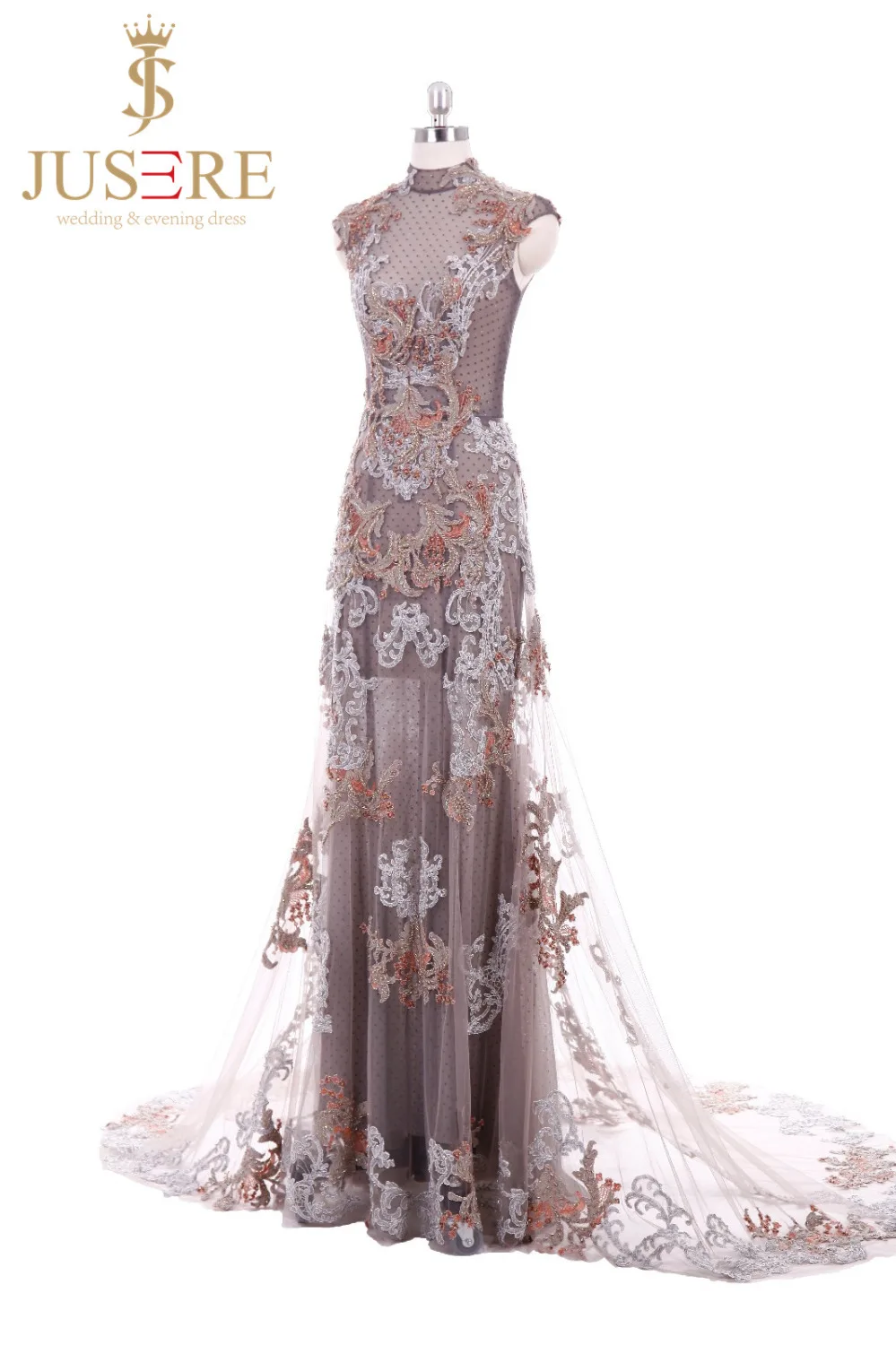 Jusere Real Photos High Neck Formal Dress Sleeveless Appliques With Beaded Party Gown Long Custom Made Sheath Evening Dress 2019