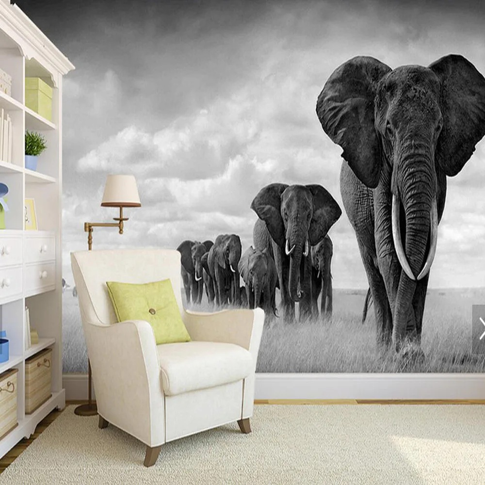 

Black White Elephant Move Wallpaper Murales de pared 3d Photo Mural for Coffee Shop Restaurant Wall Paper Wallcoverings