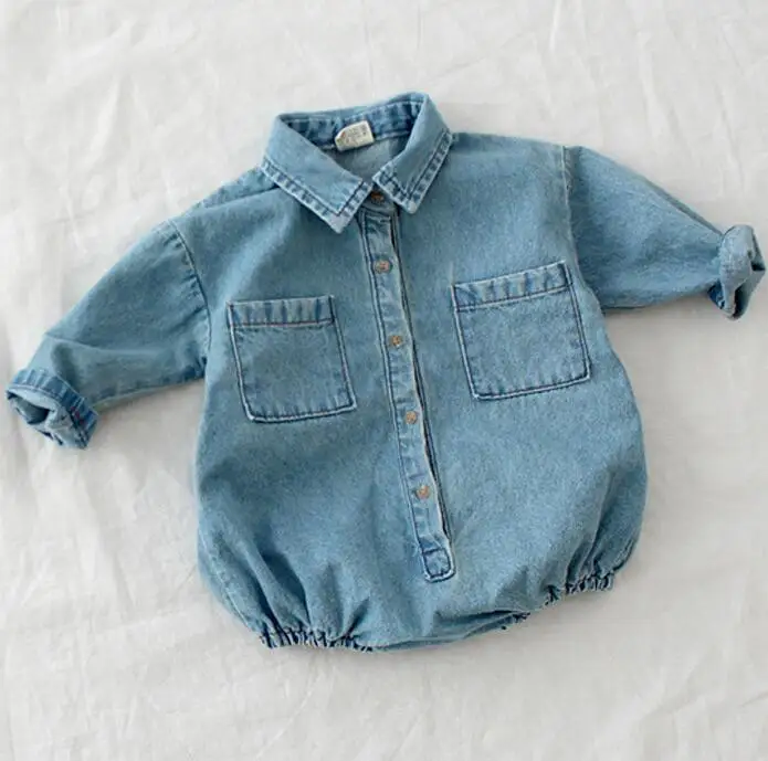 

Ins Toddler Kids Child Denim Pocket Spring Autumn New Rompers Newborn Long Sleeve Sweet Baby Infant Children Clothing