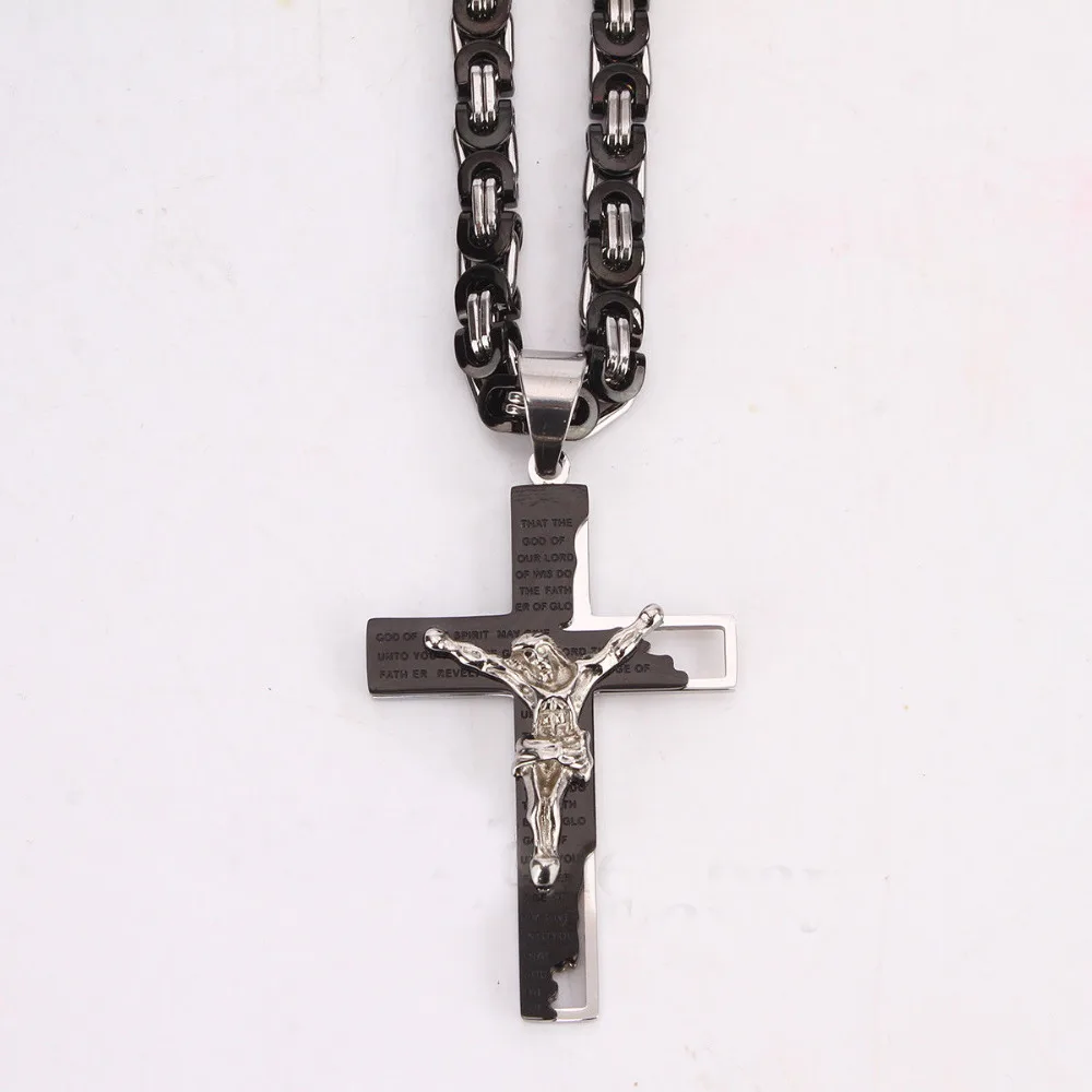 

Religious Mens Silver Black High Quality Stainless Steel Jesus Christ Bible Cross Pendant Byzantine Necklace 18"-30"