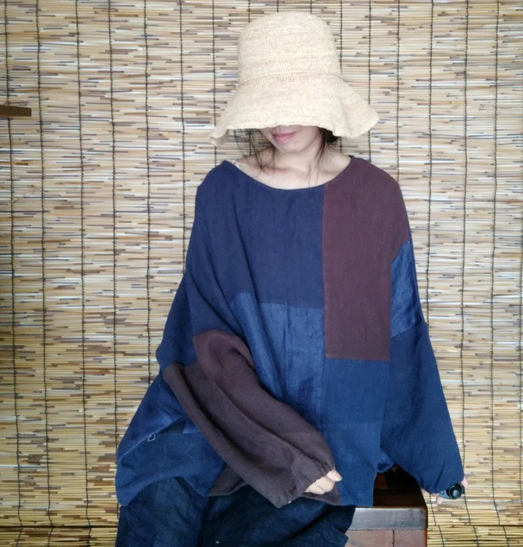 SCUWLINEN/ винтажные весенне-осенние женские топы с круглым вырезом в стиле пэчворк, длинный рукав «летучая мышь», плюс размер, свободная льняная футболка P018