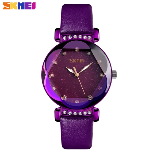 Leather-Purple SKMEI модные женские часы брендовые Роскошные Кварцевые женские часы наручные часы из нержавеющей стали водонепроницаемые часы браслет reloj mujer - Цвет: Leather-Purple