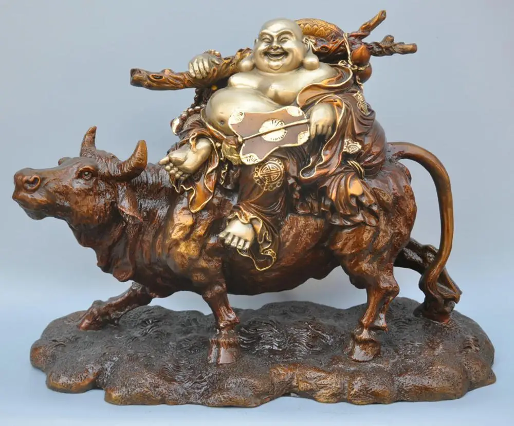 Китай Народная Счастливый Смех Будды Майтреи Монах Сидеть Бык БЫК Бронзовая