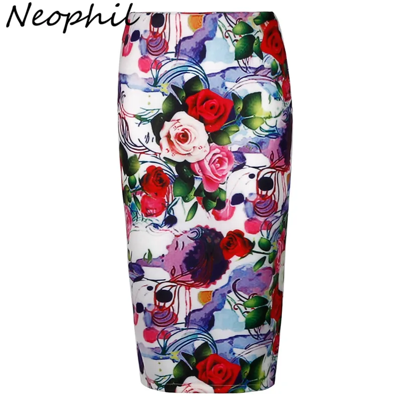 

Neophil Fashion Women Floral Print Back Split Skirts 2022 High Waist Wrap Bodycon Tube Stretch Midi Pencil Skirts Saias S08008