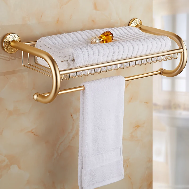 

Hotel 60CM Space Aluminum bathroom shelves towel holder, Antique shelf towel rack double storage rack with towel bar gold/white
