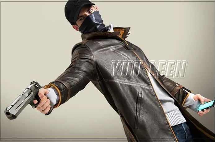 Watch Dogs, косплей, Aiden Pearce, костюм, искусственная кожа, пальто+ шапка+ шарф, маска для лица, один набор, игровой костюм для косплея