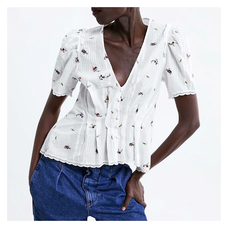 

High Quality Women's 2019 Spring New V-neck Waist and Playful Age-age Printing Slim Embroidery Embroidery Women Blouses